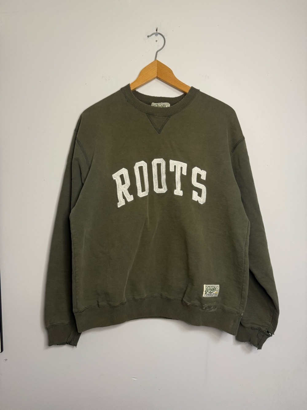 Vintage Roots Men's Olive Green Arch Spellout Logo Crewneck 1990’s Sweater